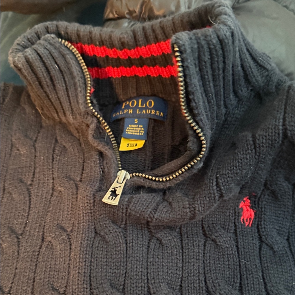Polo by Ralph Lauren Men's Black Zip-Up Sweater with Red Accents